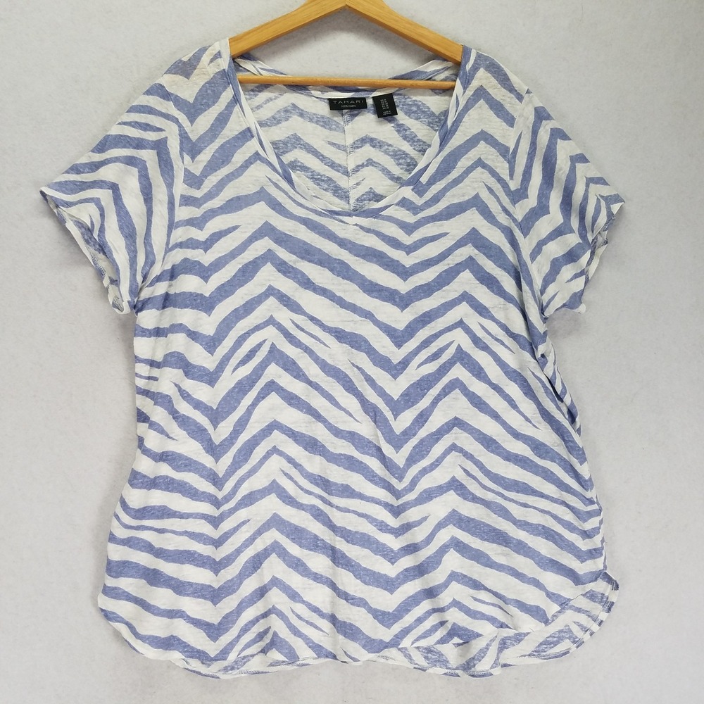 Tahari Linen Top Women's Plus 1X Blue White Chevron Short Sleeve Blouse Shirt
